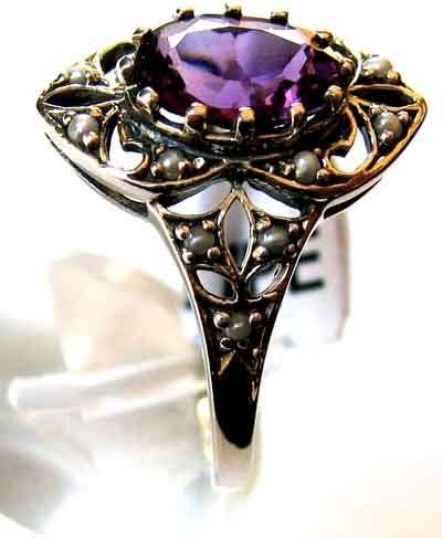 925 Sterling Silver Genuine Amethyst and Seed Pearls Ring
