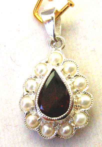 925, Sterling Silver Garnet and Seed Pearls Pendant