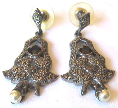 925 Sterling Silver, Marcasite Genuine Garnets and  Pearls Earrings