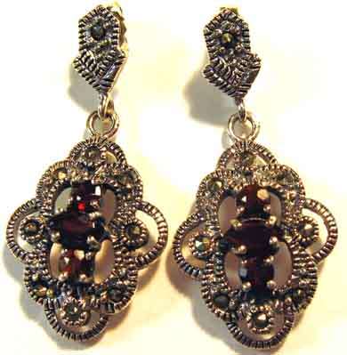 Sterling Silver, Marcasite and Garnets  Earrings