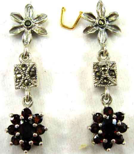 Beautiful, Long Sterling Silver , Marcasite and Garnets Earrings