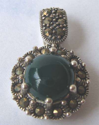 925, Sterling Silver Marcasite and Green Agate Pendant