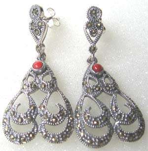 Sterling Silver , Marcasite and  Coral Earrings