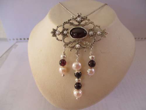 925 Sterling Silver, Genuine Garnets and Pearls  Pendant