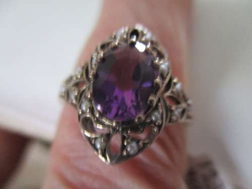 925 Sterling Silver Genuine Amethyst and Seed Pearls Ring
