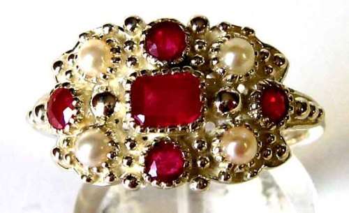 925 Beautiful Sterling Silver , Genuine Rubies and Pearls Ring