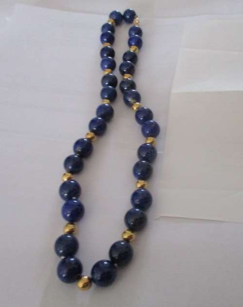 Genuine 12.00 mm Lapis Lazuli with 14k Gold Beads and 14k Gold Clasp Necklace
