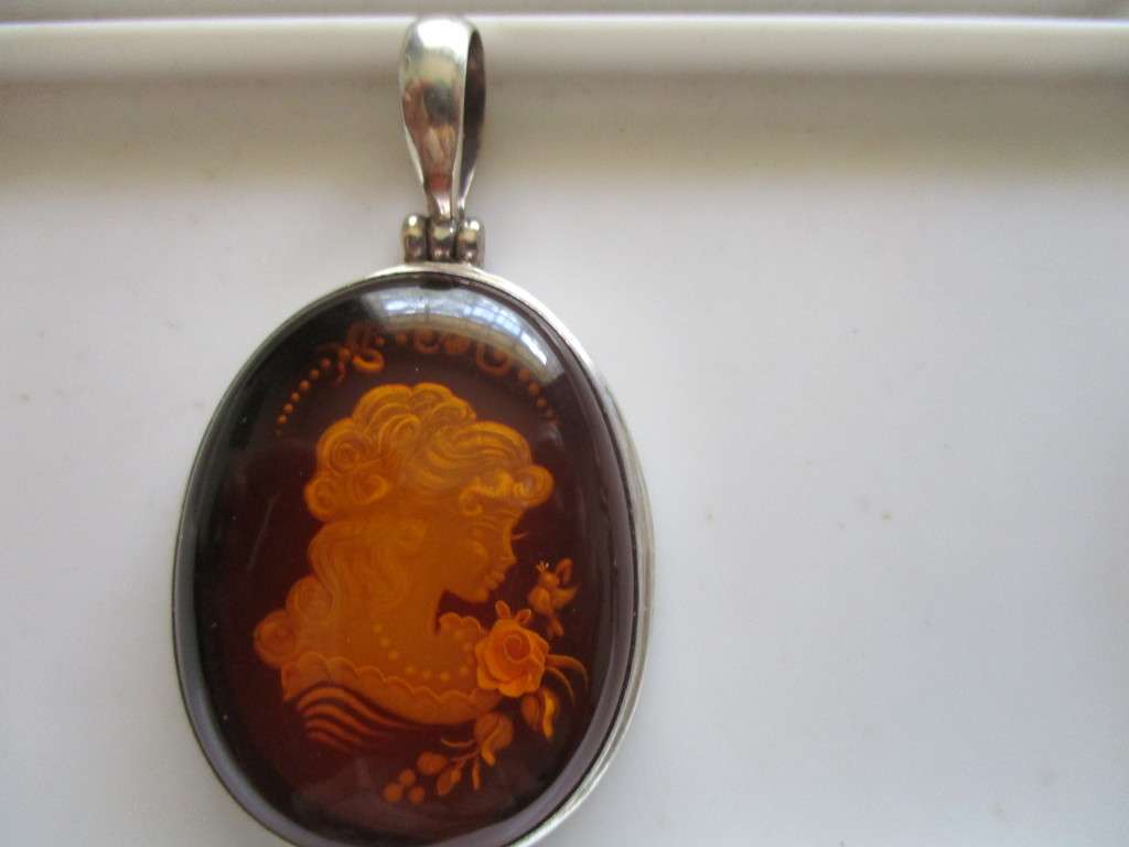 Big & Beautiful, 925- Sterling Silver  and Amber Cameo Pendant
