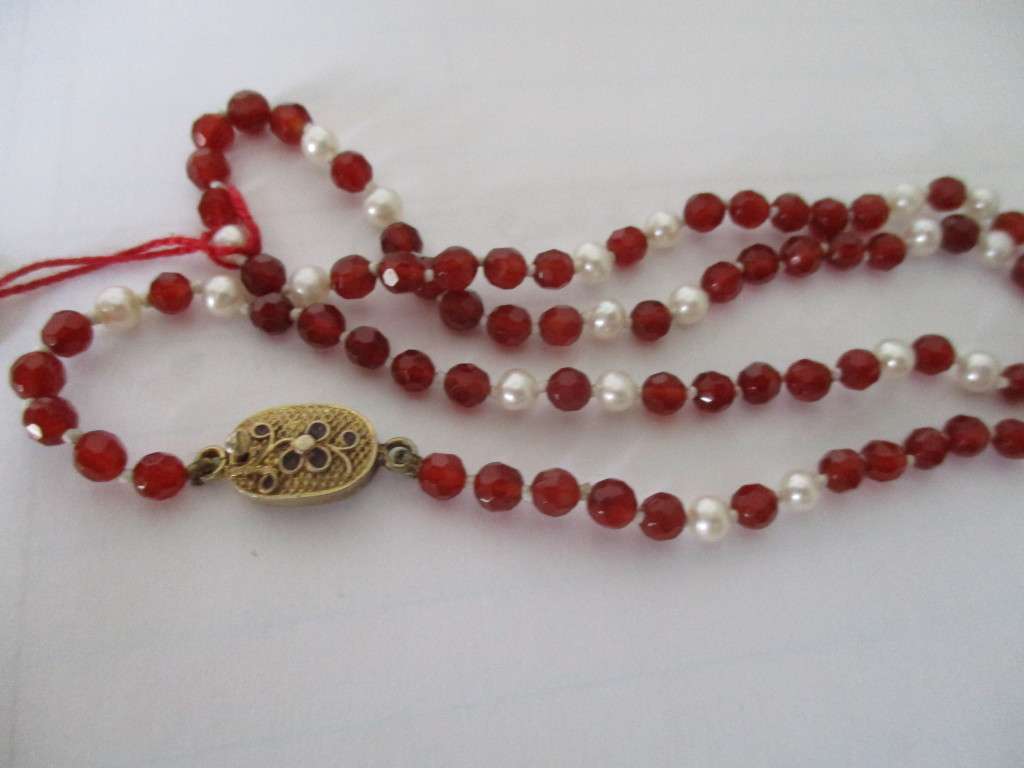 Carnelian Faceted Beads  and Cultured Pearls Necklace with Silver Clasp
