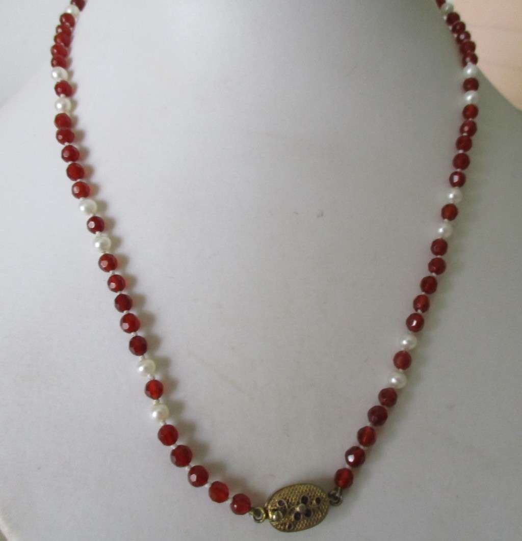 Carnelian Faceted Beads  and Cultured Pearls Necklace with Silver Clasp