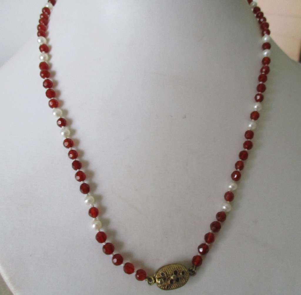 Carnelian Faceted Beads  and Cultured Pearls Necklace with Silver Clasp