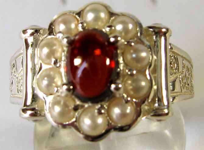 Beautiful  -Sterling Silver , Genuine Garnet  and Seed Pearls  - Ring