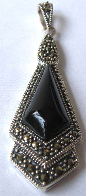 Solid -Sterling Silver, Marcasite  and Black Onyx  Pendant