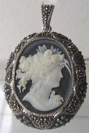 Lovely Sterling Silver , Marcasite and Cameo Pendant