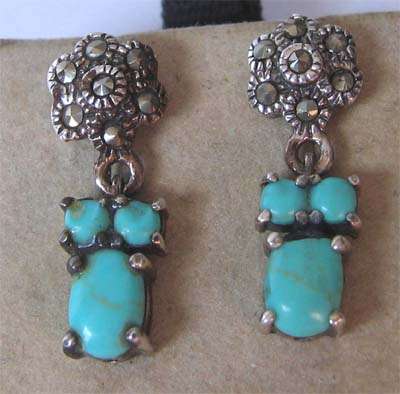 A pair of   Sterling Silver , Marcasite and Turquoise Earrings