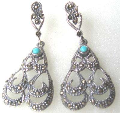 Adorable, a pair of  Sterling Silver, Marcasite and Turquoise Earrings