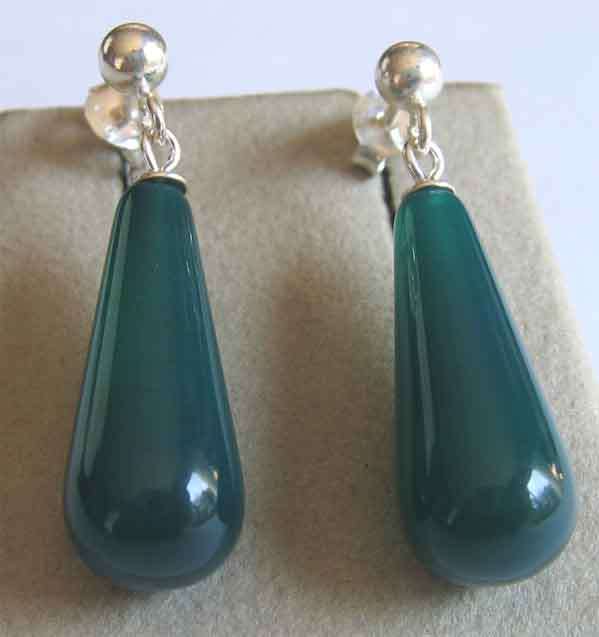 Elegant 925 -Sterling Silver & Genuine Drop Green Agate Earrings