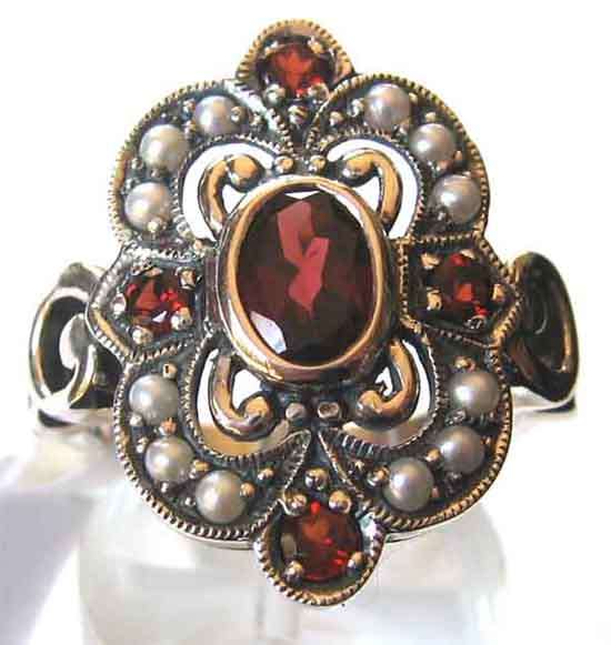beautiful  Sterling Silver , Garnets and Seed Pearls Ring