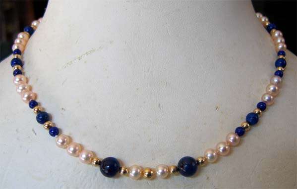 Cultured Pears, Lapis lazuli with 14 ct Gold Clasp and 14k gold beads Necklace