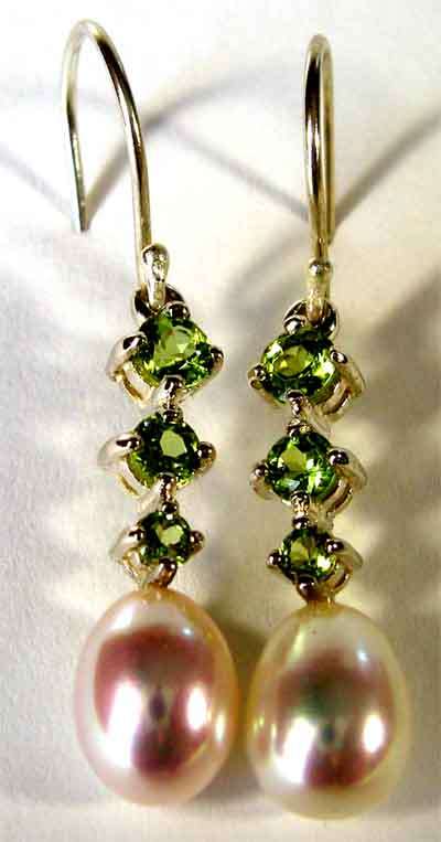 LOVELY 925  Sterling Silver , Genuine  Peridot and Pearl Earrings
