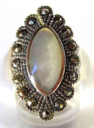 Solid Sterling Silver, Marcasite and Marquise cut Mother of Pearl Ring.