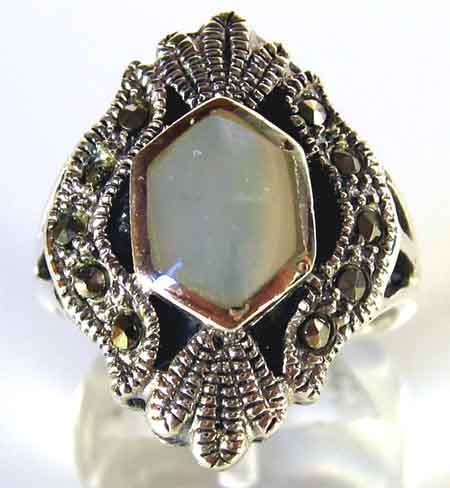 Stylish Sterling Silver , Marcasite and Mother of Pearl Ring