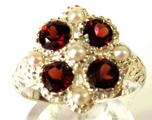 Sterling Silver and Genuine Garnets & Pearls Ring,