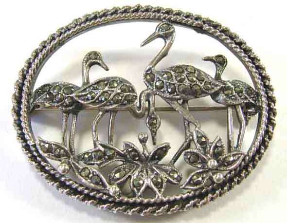 Exquisite Sterling Silver and Marcasite " Flamingos " Brooch.