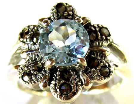 Solid Sterling Silver Marcasite and Blue Topaz " Flower " Ring.
