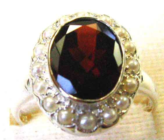 Stylish Sterling Silver , Genuine Garnet and Seed Pearls  Ring.