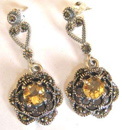 Dangle - Sterling Silver , Marcasite and Citrines Earrings.