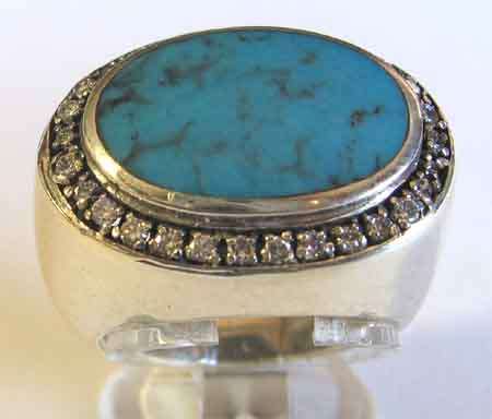 Grand Sterling Silver , genuine  Turquoise and CZ  Ring.