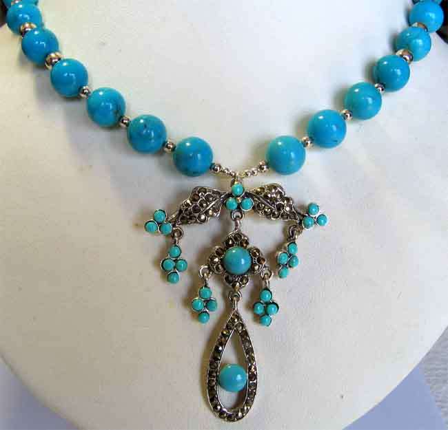 Gorgeous ,Sterling Silver , Marcasite and Turquoise drop Necklace.