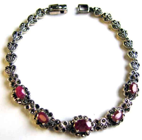 Style- Genuine Sterling Silver, Marcasite and Genuine Rubies Bracelet