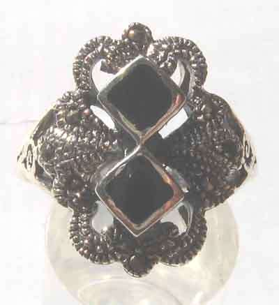 Genuine Sterling Silver, Marcasite and Black Onyx Ring