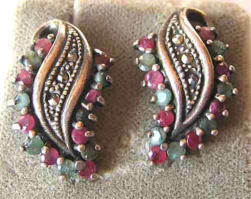 Sterling Silver , Marcasite , Rubies and Emeralds Earrings