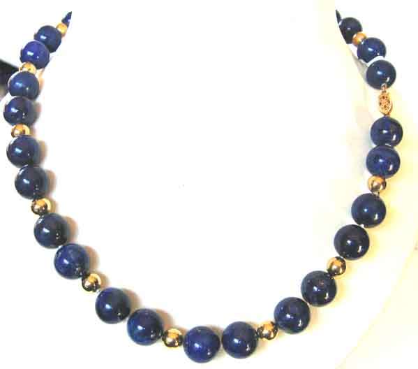 Genuine 12.00 mm Lapis Lazuli with 14k Gold Beads and 14k Gold Clasp Necklace