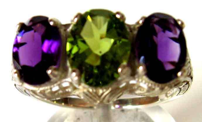 Exquisite, Sterling Silver  with Genuine Peridot  &  Amethysts Ring.