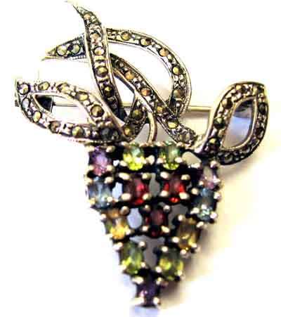 Beautiful Sterling Silver, Marcasite and Genuine -Colour Gemstones Brooch.