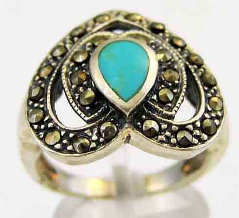 Attractive , Sterling Silver, Marcasite and Turquoise Ring.