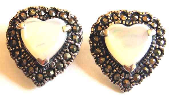 Cute, Sterling Silver, Marcasite and Mother of Pearls Earrings.