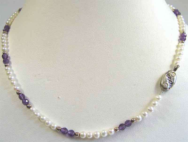 Genuine , Sterling Silver , Cultured Pearls and Amethysts  Necklace.