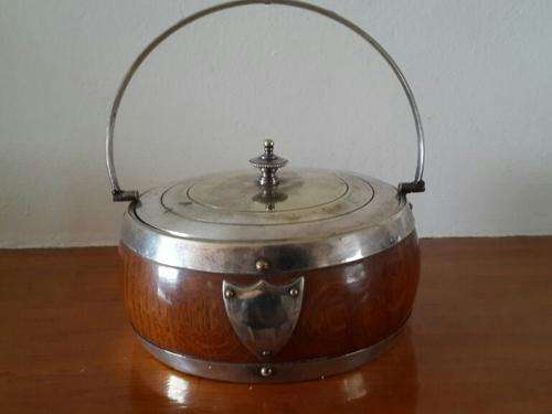 Antique English Oak & Silver Biscuit Barrel with ceramic liner - Stamped JBC & SL EPNS