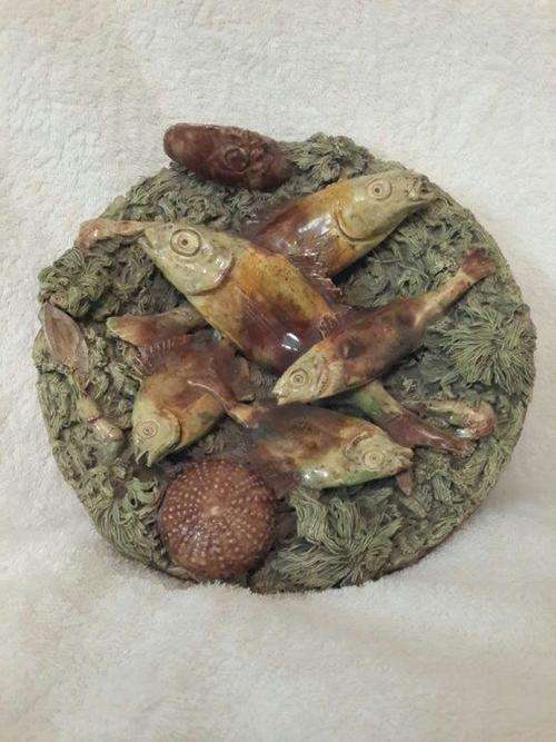 Vintage Palissy Style Majolica Wall Plate - encrusted with fish, shell & seaweed detail