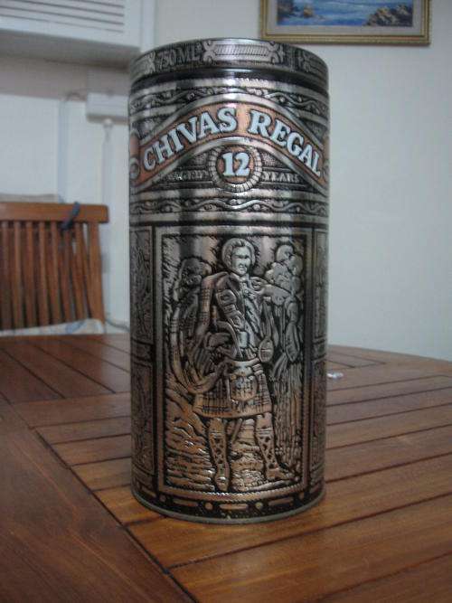 Chivas Regal Round Silver Coloured Tin - round with pictures : about 20 years old