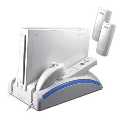 MULTI-FUNCTION Wii CONSOLE DOCKING STAND + 2 x RECHARGABLE REMOTE BATTS