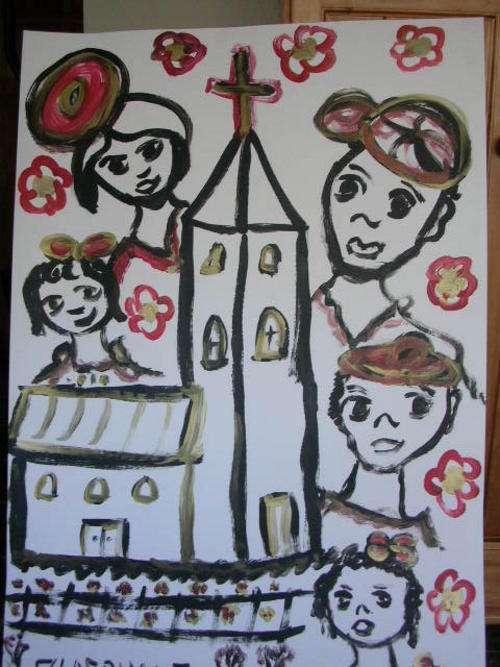 Acrylic on paper Family at church Claerhout original Massive Crazy Auction R1