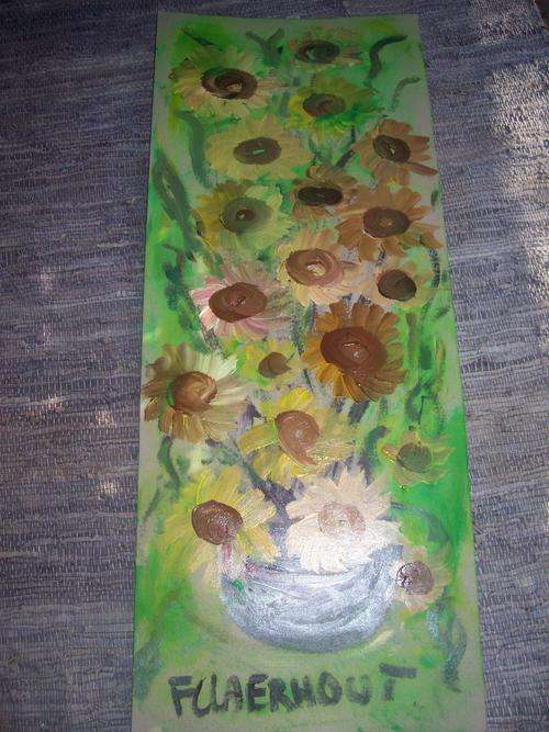 A Floral painting on board This Claerhout original 93x37cm was made for and in front of Liezl Luyt