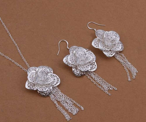 925 Sterling Silver Jewelry Set - Flower Earrings & Necklace