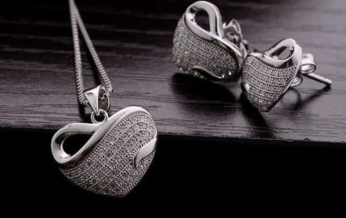 Platinum Plated Heart Shaped Earrings and Necklace